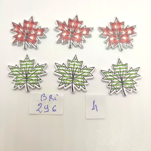 6 boutons fantaisie en bois multicolore (feuilles) - 25mm - bri296
