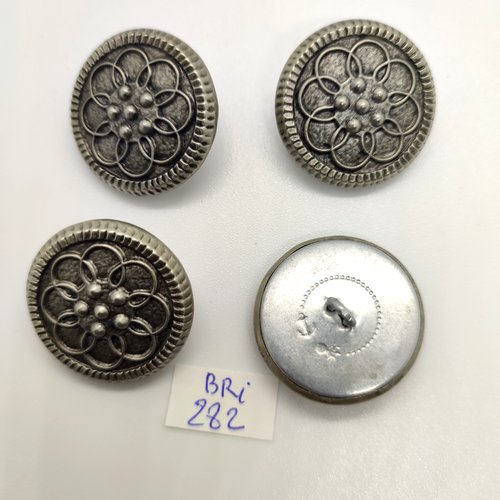 4 boutons en métal argenté (fleur) - 27mm - bri282