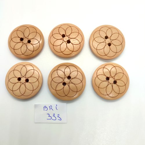 6 boutons en bois marron clair - 25mm - bri333