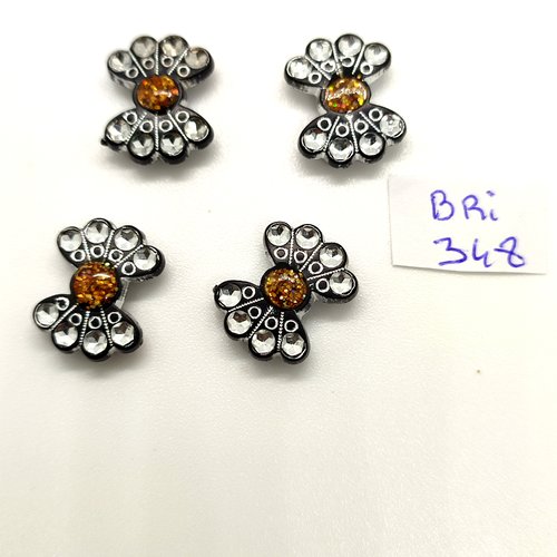 4 boutons en résine argenté et orange - 15x18mm - bri348