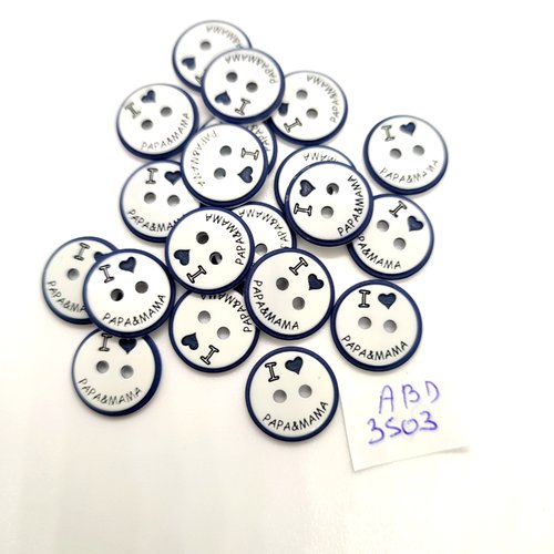 20 boutons fantaisie en résine bleu foncé et blanc (j'aime) - 15mm - abd3503