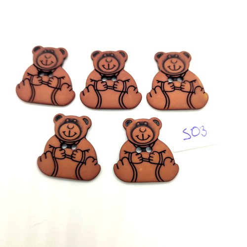 5 boutons fantaisie en résine marron (ours) - 28mm - 503