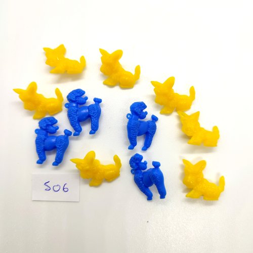11 boutons fantaisie en résine bleu et jaune (des chiens) - 16x22mm - 506