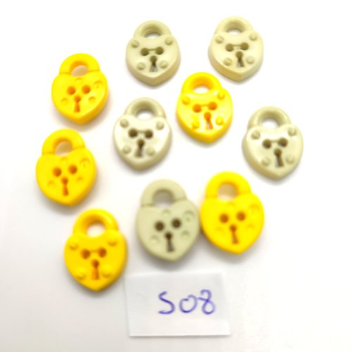 10 boutons fantaisie en résine jaune et vert (des cadenas) - 14x18mm - 508