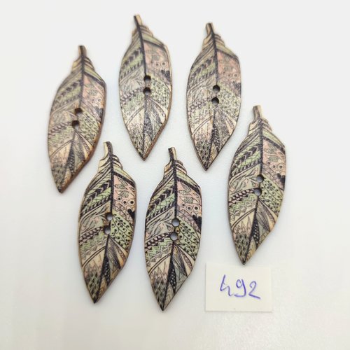 6 boutons fantaisie en bois ton marron / gris (des feuilles) - 15x42mm - 493