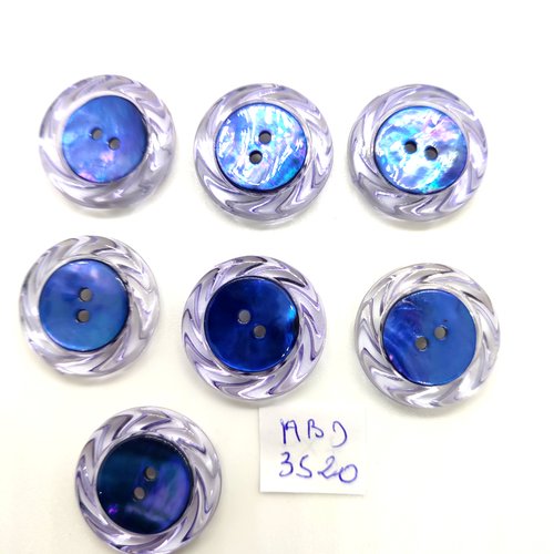 7 boutons en résine bleu et transparent - 23mm - abd3520