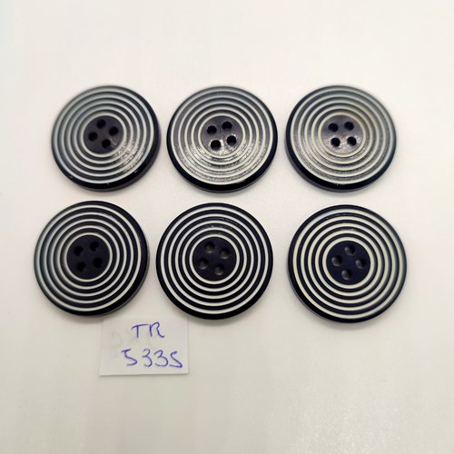 6 boutons en résine bleu foncé et blanc - 26mm - tr5335
