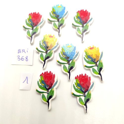8 boutons fantaisie en bois des fleurs multicolore - 17x30mm - bri368