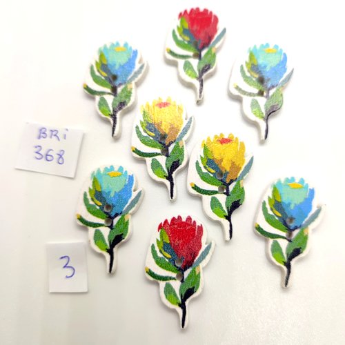 8 boutons fantaisie en bois des fleurs multicolore - 17x30mm - bri368