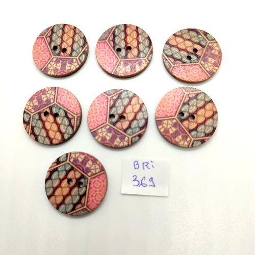 7 boutons fantaisie en bois multicolore - 25mm - bri369