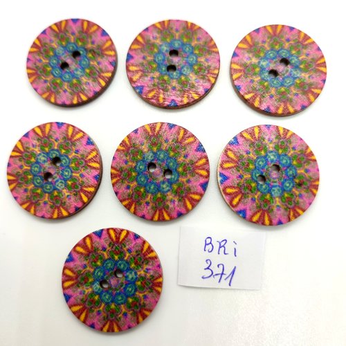 7 boutons fantaisie en bois multicolore - 25mm - bri371