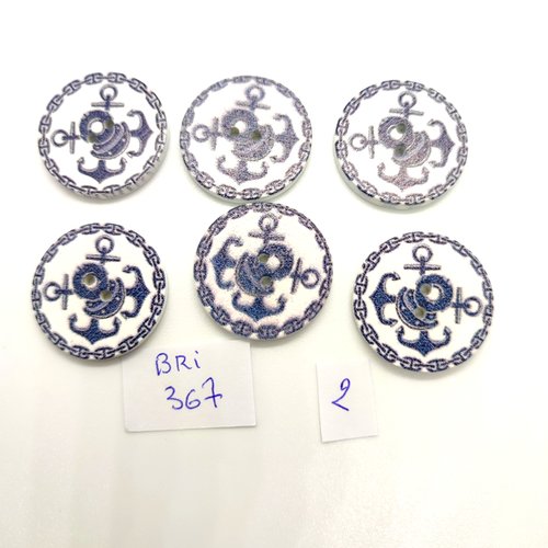 6 boutons fantaisie en bois une ancre bleu et blanc - 25mm - bri367