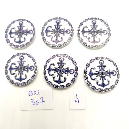 6 boutons fantaisie en bois une ancre bleu et blanc - 25mm - bri367