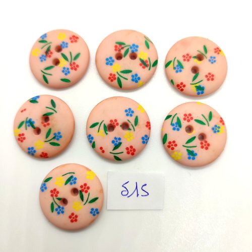 7 boutons fantaisie en résine rose avec des fleurs multicolore - 22mm - 515