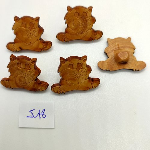 5 boutons fantaisie en bois marron des chats - 19x25mm - 518