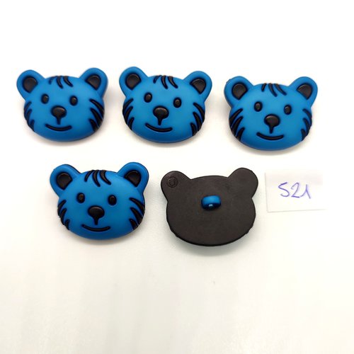 5 boutons fantaisie en résine noir et bleu tete d'ours - 23x29mm - 521
