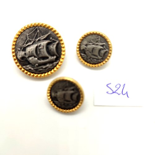 3 boutons en résine doré et argenté et nylon dessous - vintage - 23mm et 15mm - 524