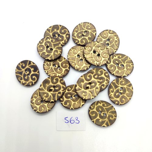14 boutons en résine marron et doré - 16mm - 563