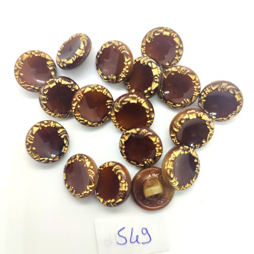16 boutons en verre marron et doré - 8mm - 549