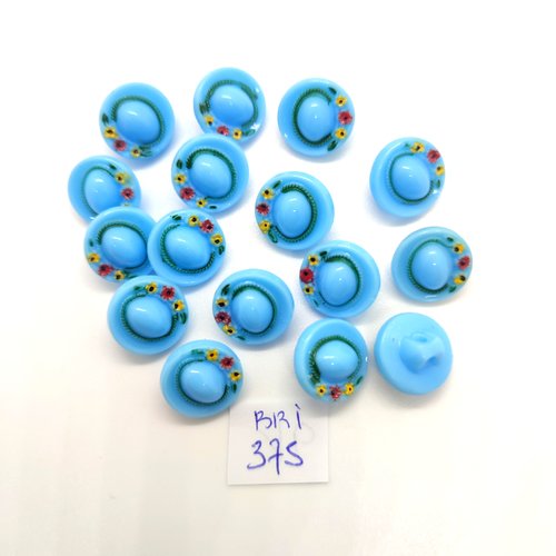 16 boutons en verre bleu clair avec petite fleur - vintage - 13mm - bri375