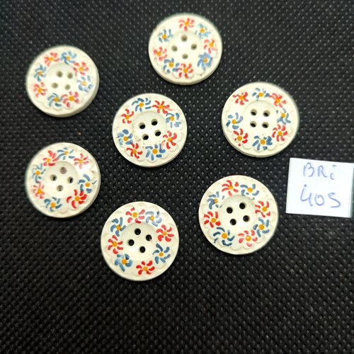 7 boutons en résine blanc cassé et fleur multiolore - vintage - 17mm - bri405