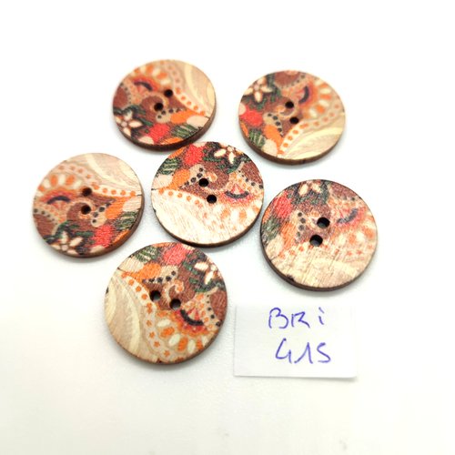 6 boutons fantaisie en bois multiolore - 20mm - bri415