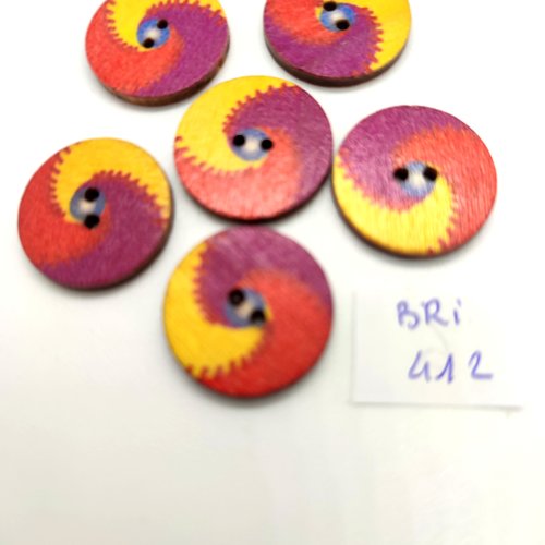6 boutons fantaisie en bois multiolore - 20mm - bri412