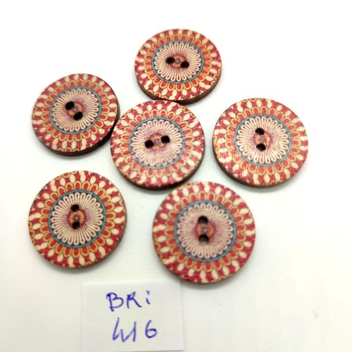 6 boutons fantaisie en bois multiolore - 20mm - bri416