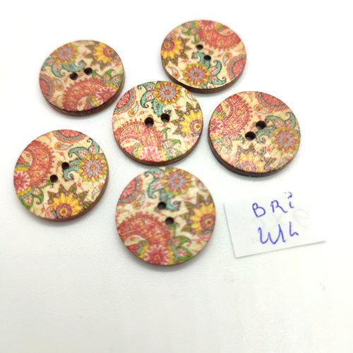 6 boutons fantaisie en bois multiolore - 20mm - bri414