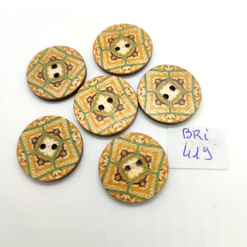 6 boutons fantaisie en bois multiolore - 20mm - bri419