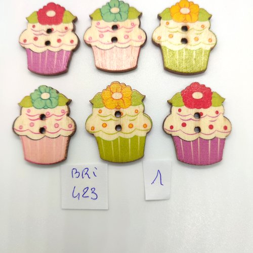 6 boutons fantaisie en bois multiolore (cup cake)  - 24x30mm - bri423