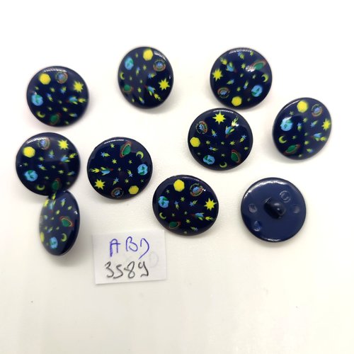10 boutons fantaisie en résine bleu foncé et multicolore - 15mm - abd3589