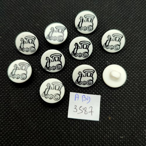 10 boutons fantaisie en résine blanc et noir (train) - 13mm - abd3587