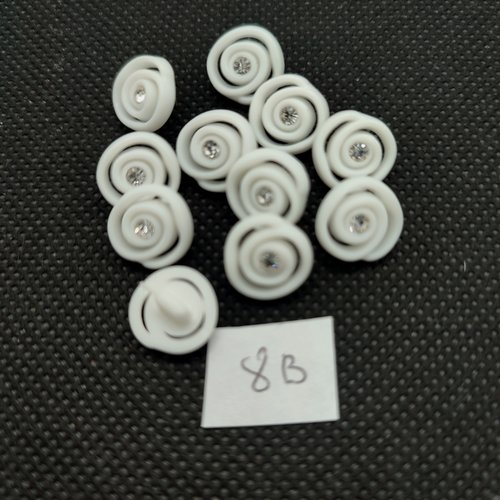 8 boutons en résine blanc et strass - 11mm - 8b
