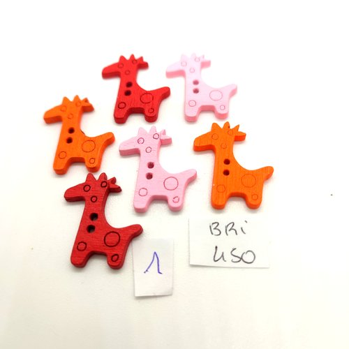 6 boutons fantaisie en bois multicolore (girafe) - 22x25mm bri450
