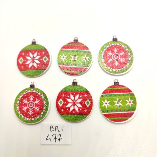 6 boutons fantaisie en bois - boule de noel - vert rouge et blanc - 23mm - bri477