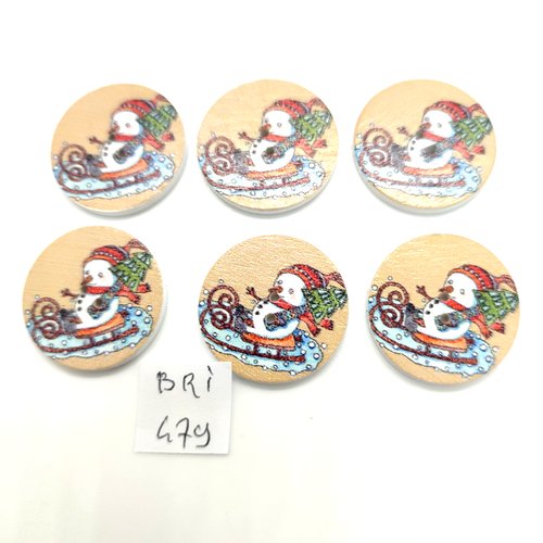 6 boutons fantaisie en bois - bonhomme de neige sur sa luge multicolore - 25mm - bri479
