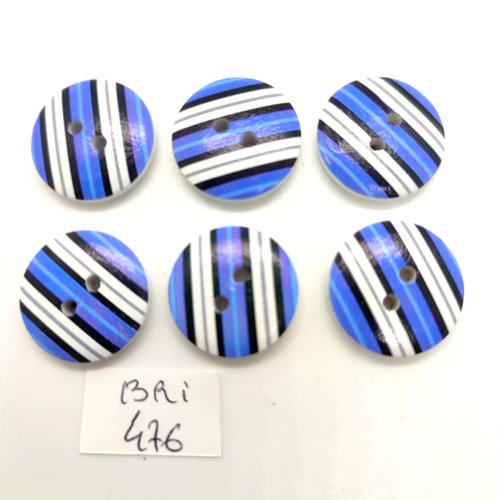 6 boutons en bois bleu et blanc - 19mm - bri476