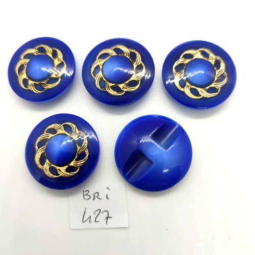 5 boutons en résine bleu et doré - 22mm - bri427