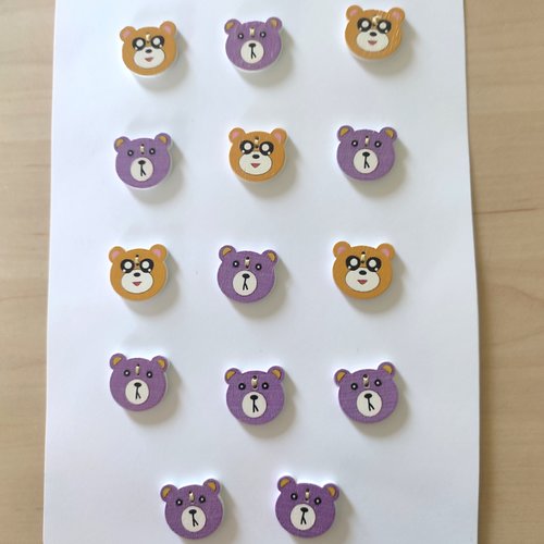 1 planche de 14 boutons fantaisie en bois (tete d'ours) lilas et jaune - 20mm - bri