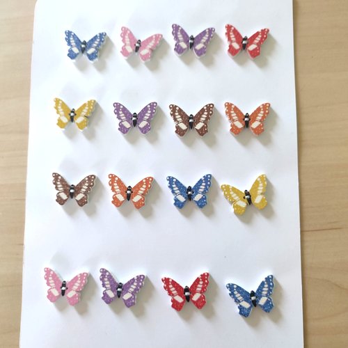 1 planche de 16 boutons fantaisie en bois multicolore (papillons) - 20x25mm - bri