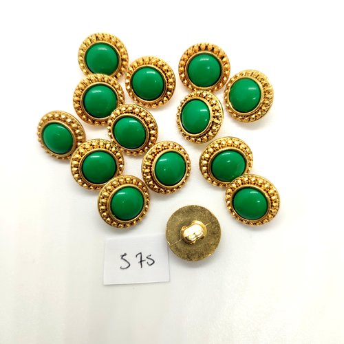 14 boutons en résine doré et vert - 14mm - 575