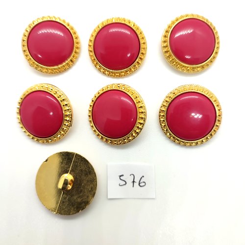 7 boutons en résine doré et fuchsia - 24mm - 576