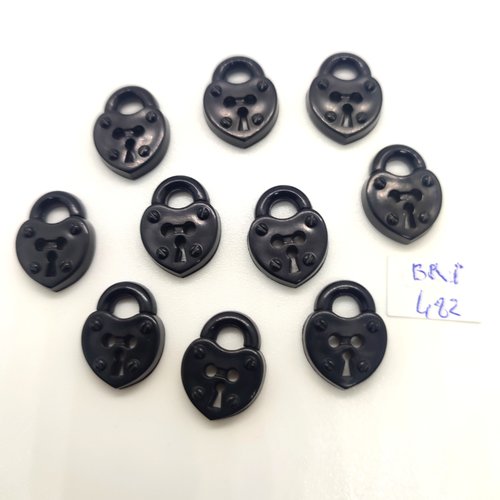 10 boutons fantaisie en résine noir - cadenas - 14x18mm - bri482