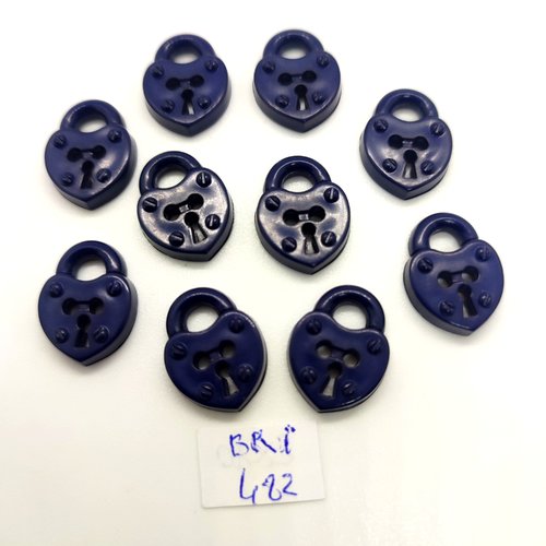 10 boutons fantaisie en résine bleu foncé - cadenas - 14x18mm - bri482