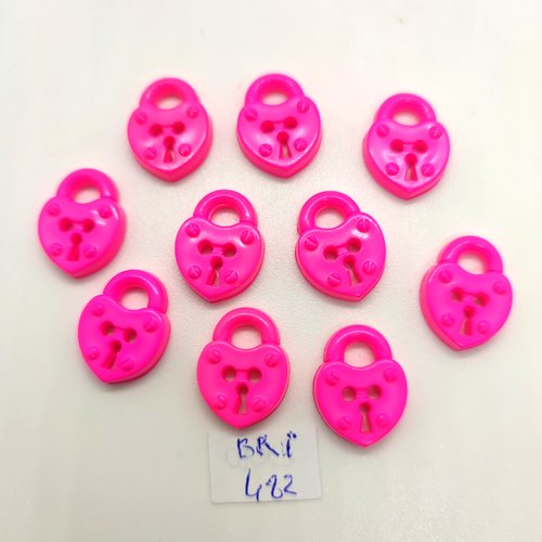 10 boutons fantaisie en résine fuchsia / rose - cadenas - 14x18mm - bri482