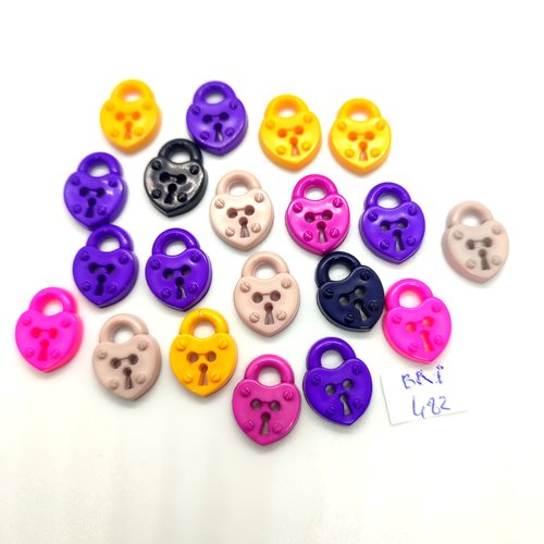 20 boutons fantaisie en résine multicolore - cadenas - 14x18mm - bri482