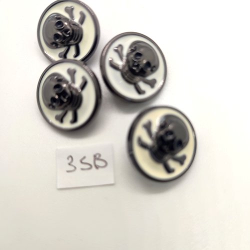 4 boutons fantaisie en métal argenté mat  et émail blanc- tete de mort - 18mm - 35b