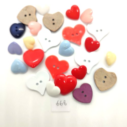 25 boutons fantaisie en résine et coco multicolore - coeur - entre 14mm et 24mm - 668
