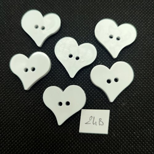 6 boutons fantaisie en résine blanc - coeur -  22x24mm - 24b